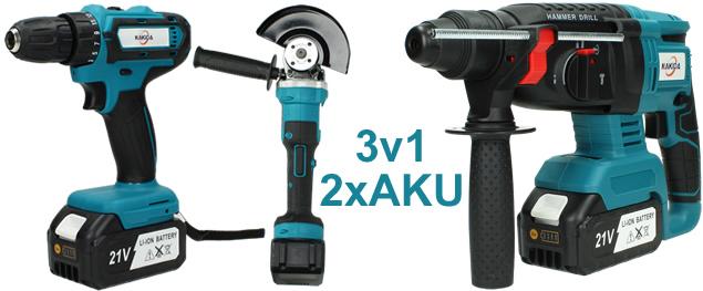 Aku nářadí Nakida sada 3ks včetně baterií Bruska, Bourací kladivo a Vrtačka HTN-5840