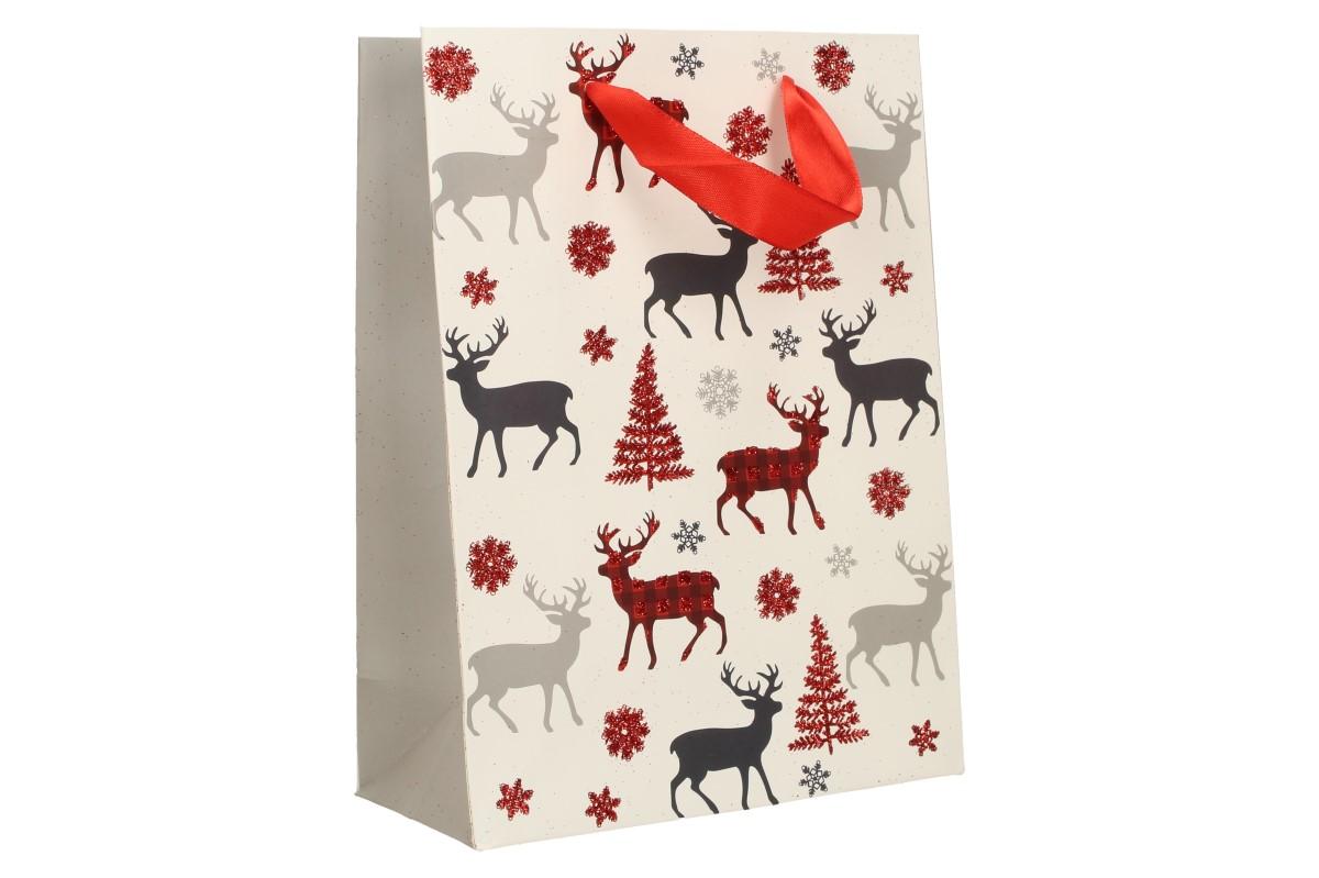 Dárková vánoční taška bílá se soby 24x18 cm