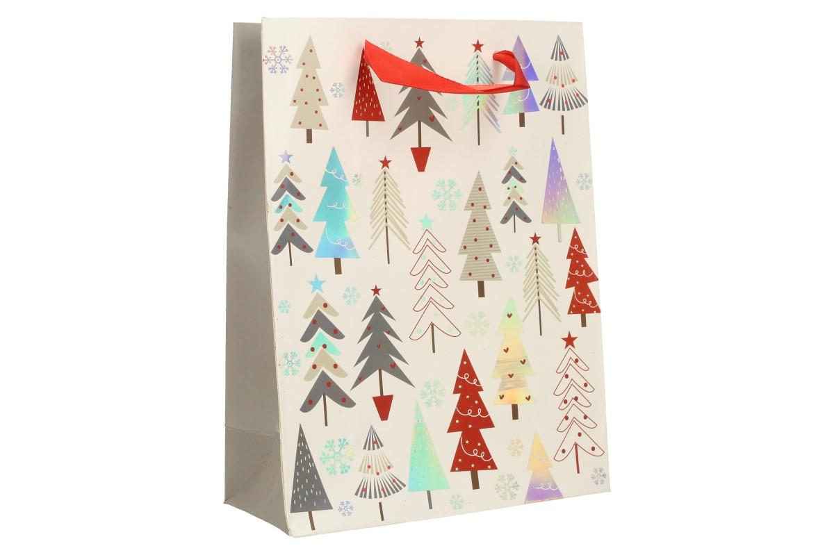 Dárková vánoční taška bílá se stromy 24x18 cm